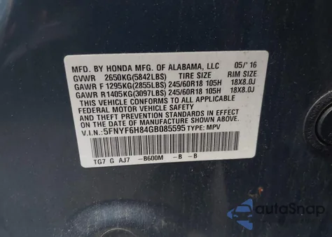 2016 Honda Pilot Ex-L из США, поврежденный, VIN 5FNYF6H84GB085595